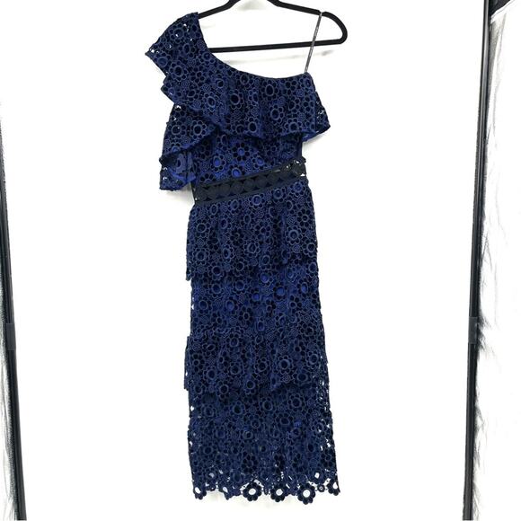 SELF-PORTRAIT One Shoulder Midi Dress in Navy - Picture 2 of 6